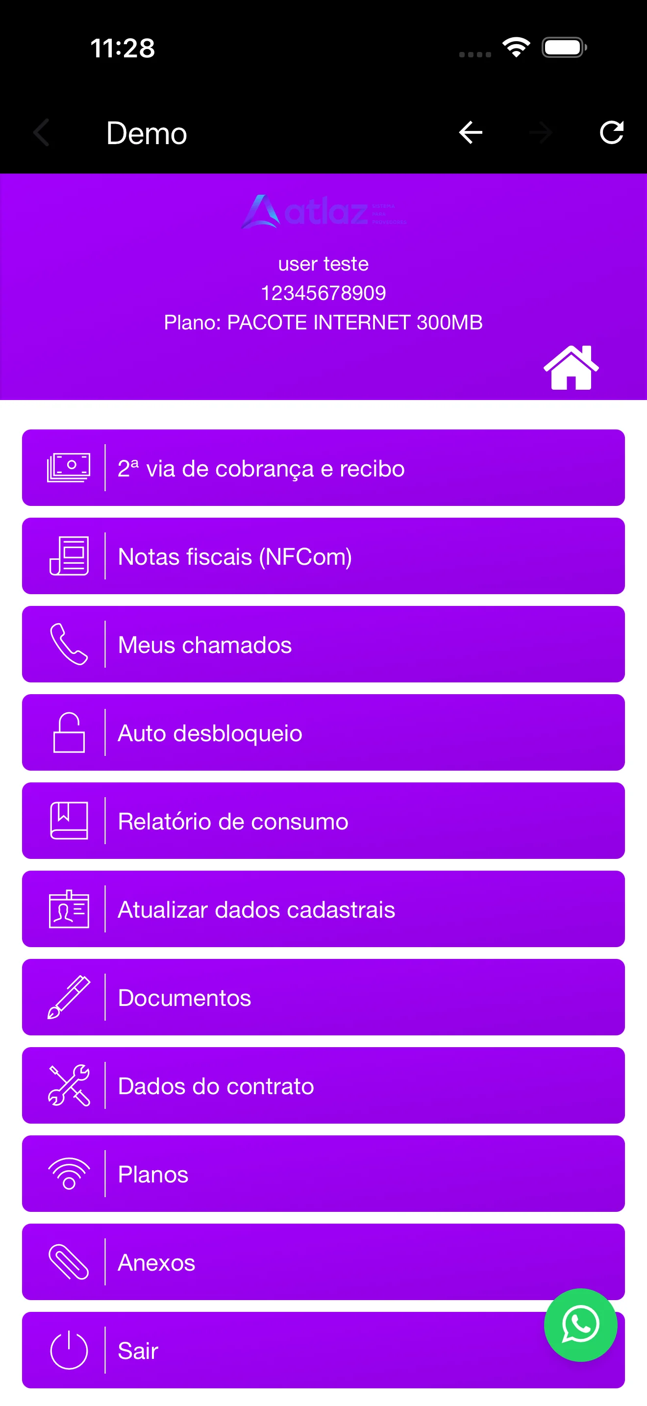Central do assinante — menu logado