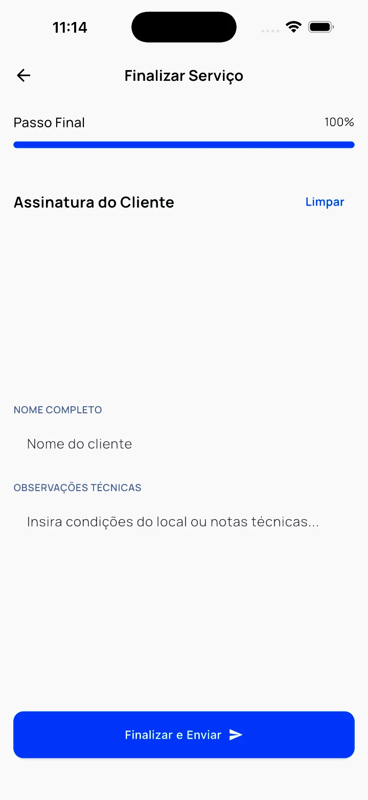 App do técnico — finalizar chamado com assinatura do cliente